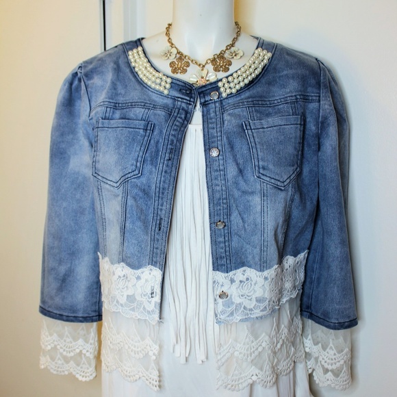 denim jacket with lace and pearls